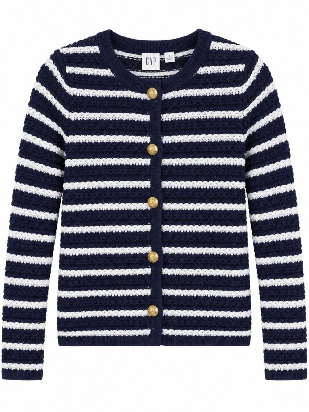 GAP Women's Navy & White Striped Cotton Cardigan Gold Buttons Nautical (Size S)